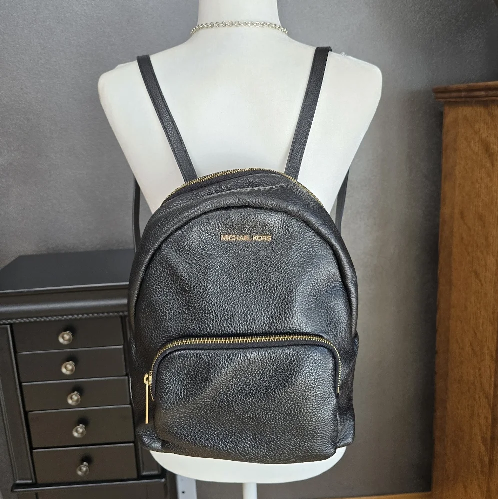 Michael Kors Black Pebbled Leather Backpack with Gold Hardware